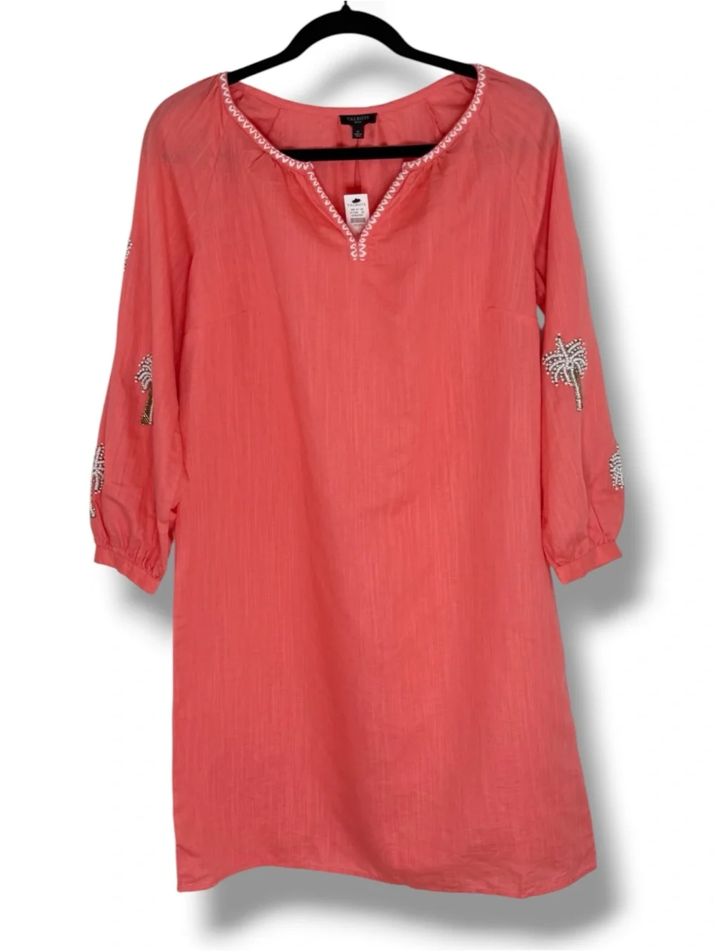 Talbots Linen Blend Shift Dress Size S Petite Palm Tree Embellished Coral NWT - Picture 2 of 14